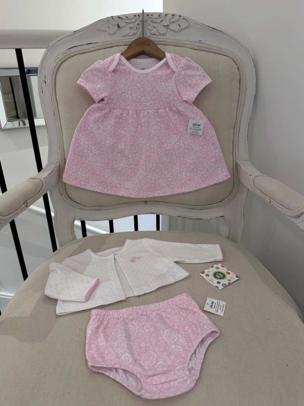 🦢 12 Mth Pretty Soft Pink Floral Roses Baby Dress 3 Piece Set by Little Me NWT